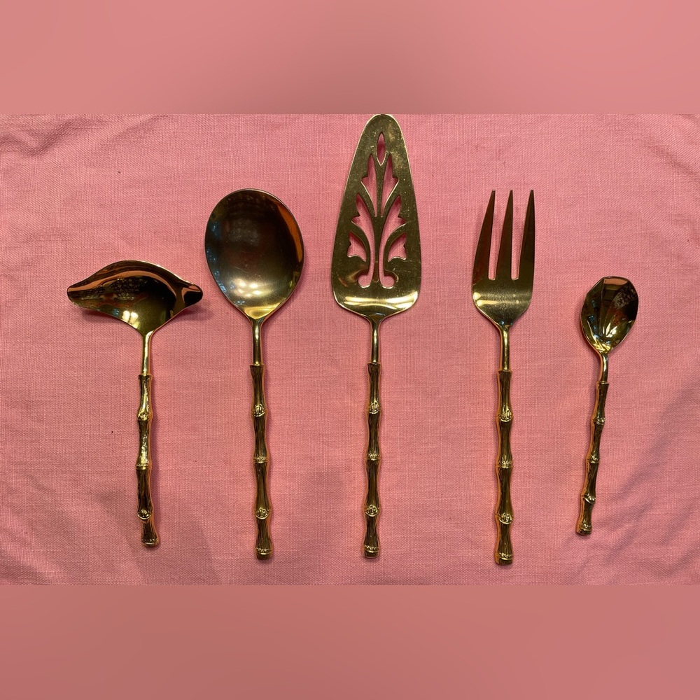 Vintage 5 Piece Gold Plated Bamboo Hostess serving Set